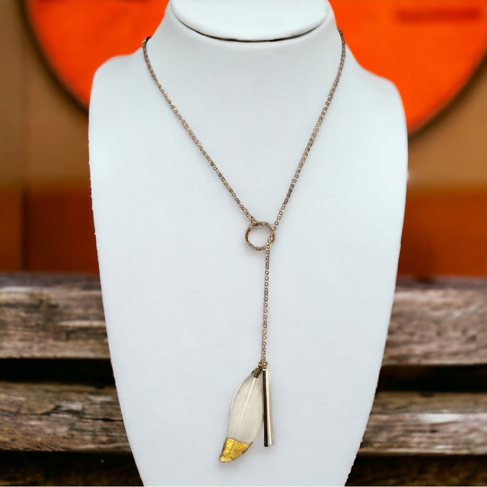14K Gold filled Feather & Bar Lariat Necklace